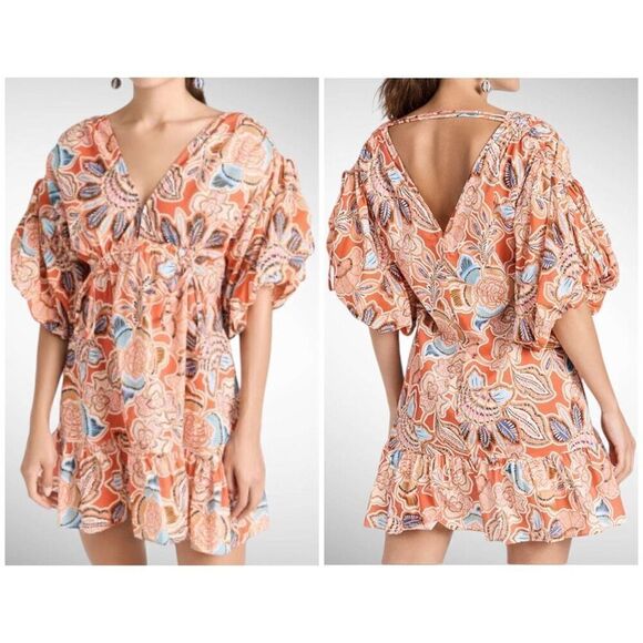 MISA Los Angeles Sari Floral Puff Sleeve Dress in Tangerine Floral Size S - Picture 1 of 9